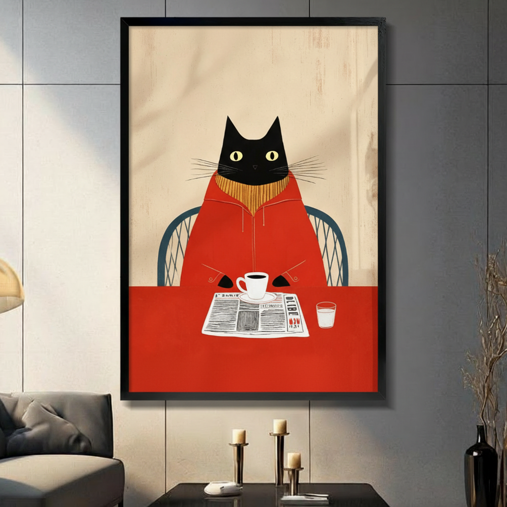 Black framed retro black cat in red turtleneck sweater sitting in a blue wicker chair reading a newspaper with a white coffee cup and glass on a red table mid-century modern illustration canvas wall art on beige wood grain background displayed in a gray living room with dark sofa and metal candlesticks