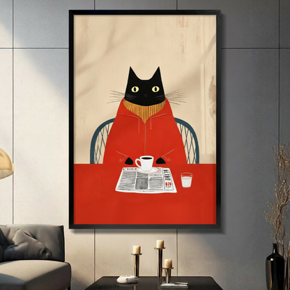 Black framed retro black cat in red turtleneck sweater sitting in a blue wicker chair reading a newspaper with a white coffee cup and glass on a red table mid-century modern illustration canvas wall art on beige wood grain background displayed in a gray living room with dark sofa and metal candlesticks