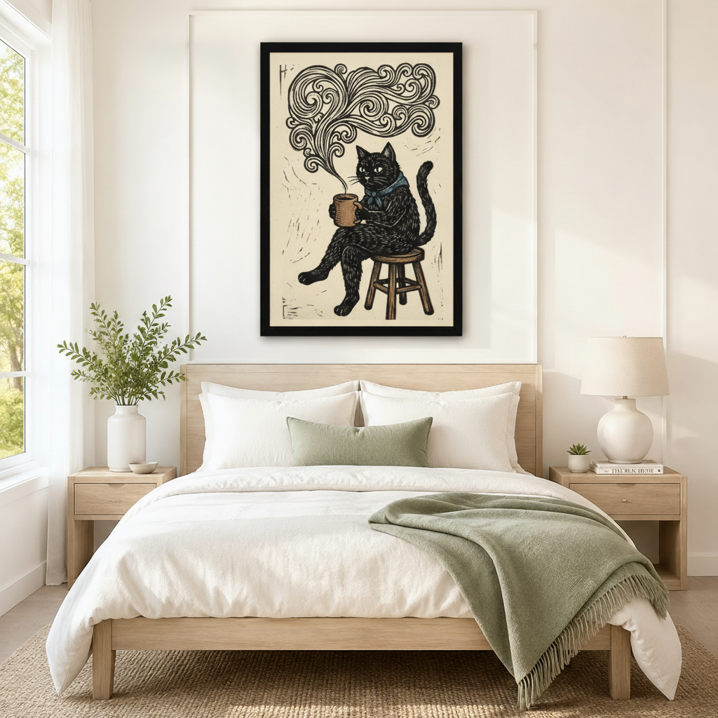 Framed black cat on stool holding coffee mug with swirl steam woodblock print art hung above a minimalist wooden bed in a serene neutral bedroom