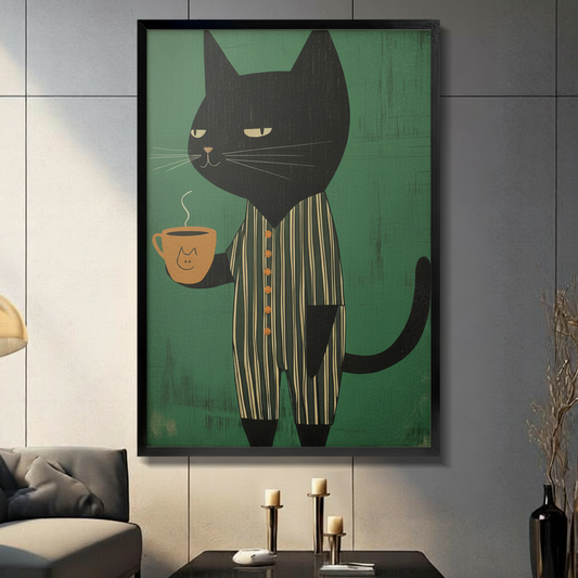Framed black cat in striped pajamas holding a steaming coffee cup, retro illustration canvas print displayed on a dark gray tile wall in a modern living room