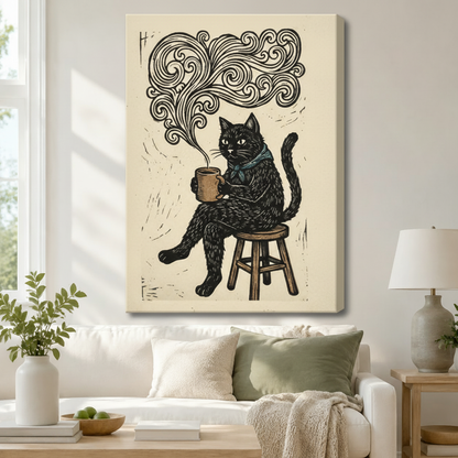 Gallery-wrapped canvas of a black cat sitting on a stool holding a steaming coffee cup with decorative swirl smoke above a white sofa in a cozy living room