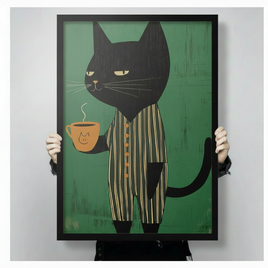 Person holding a black framed canvas print of a black cat in striped pajamas holding a coffee cup, showing size and frame detail reference