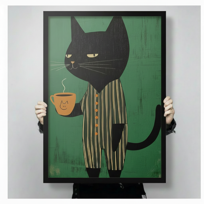 Person holding a black framed canvas print of a black cat in striped pajamas holding a coffee cup, showing size and frame detail reference