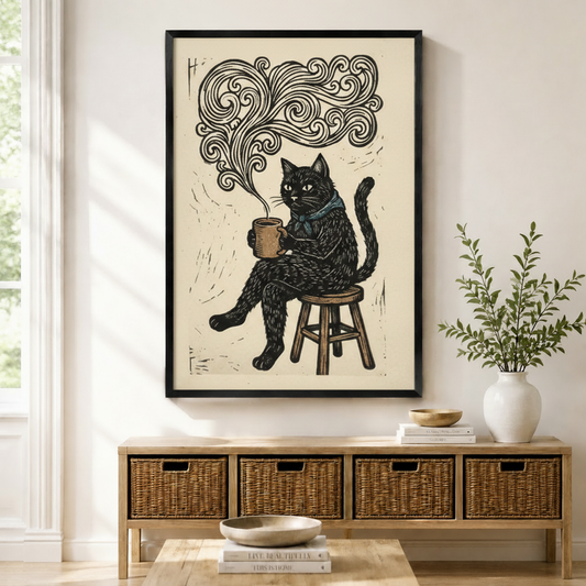 Framed black cat holding coffee mug woodblock print wall art displayed above a rattan console table in a bright modern entryway