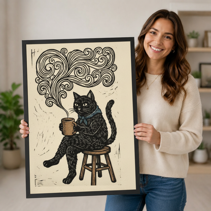 Smiling woman holding a large framed black cat coffee woodblock wall art print showing artwork detail and size reference
