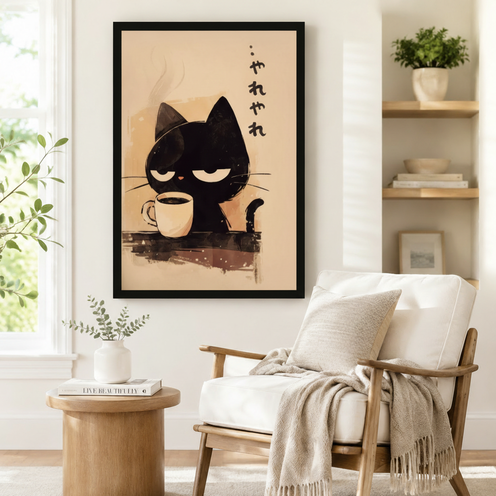 Framed grumpy black cat coffee art print with Japanese ink brushstroke style and やれやれ calligraphy displayed beside a white armchair in a Scandinavian reading corner