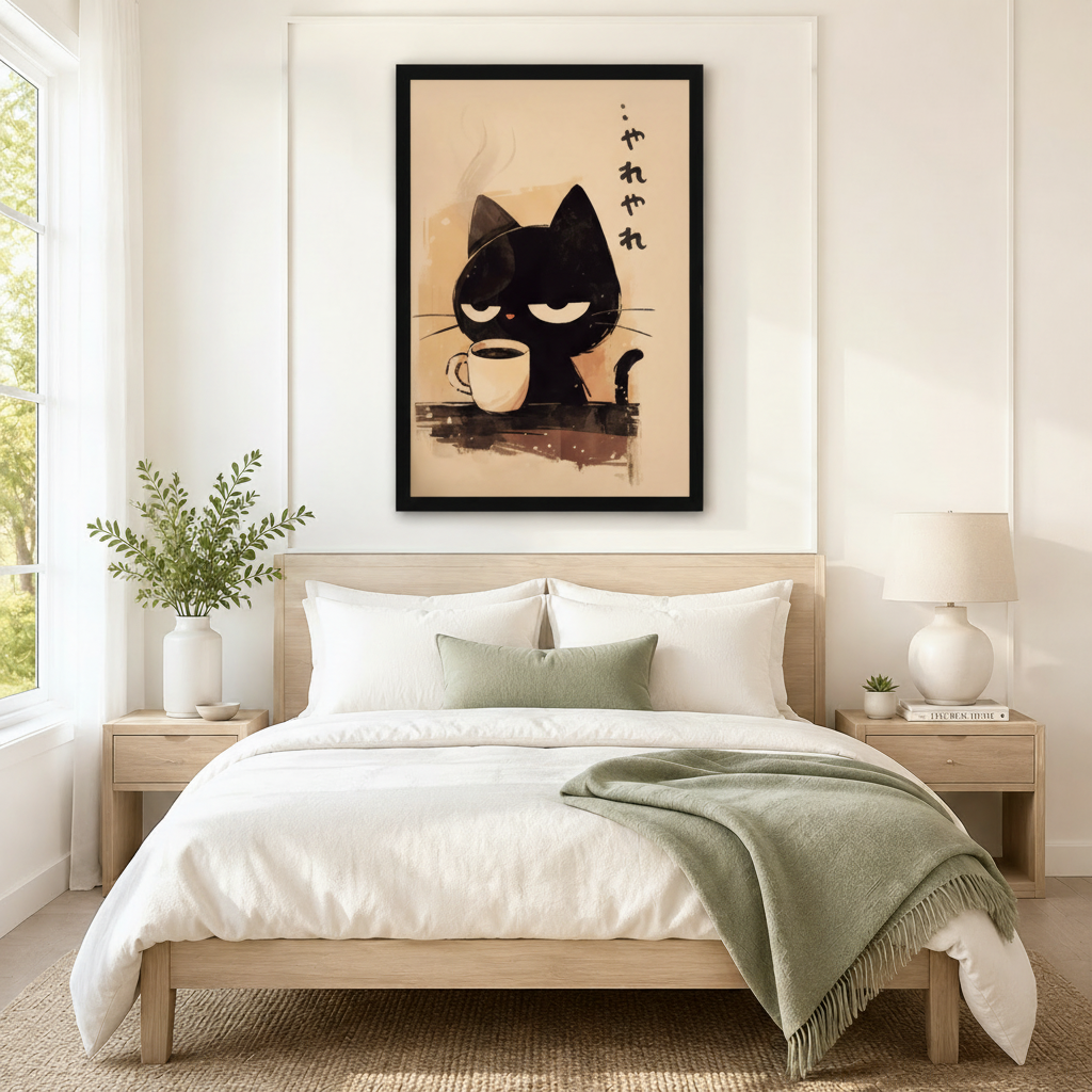 Framed Japanese ink grumpy black cat holding coffee mug with やれやれ brushstroke text hung above a minimalist wooden bed in a serene neutral bedroom