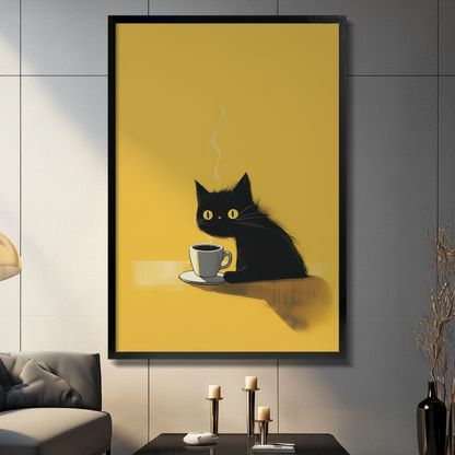 Framed black cat with steaming coffee cup on yellow background canvas print in moody living room