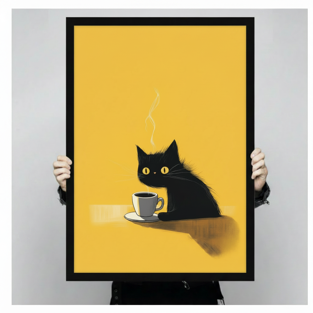 Hand-held framed black cat coffee wall art poster showing print size and black frame detail up close