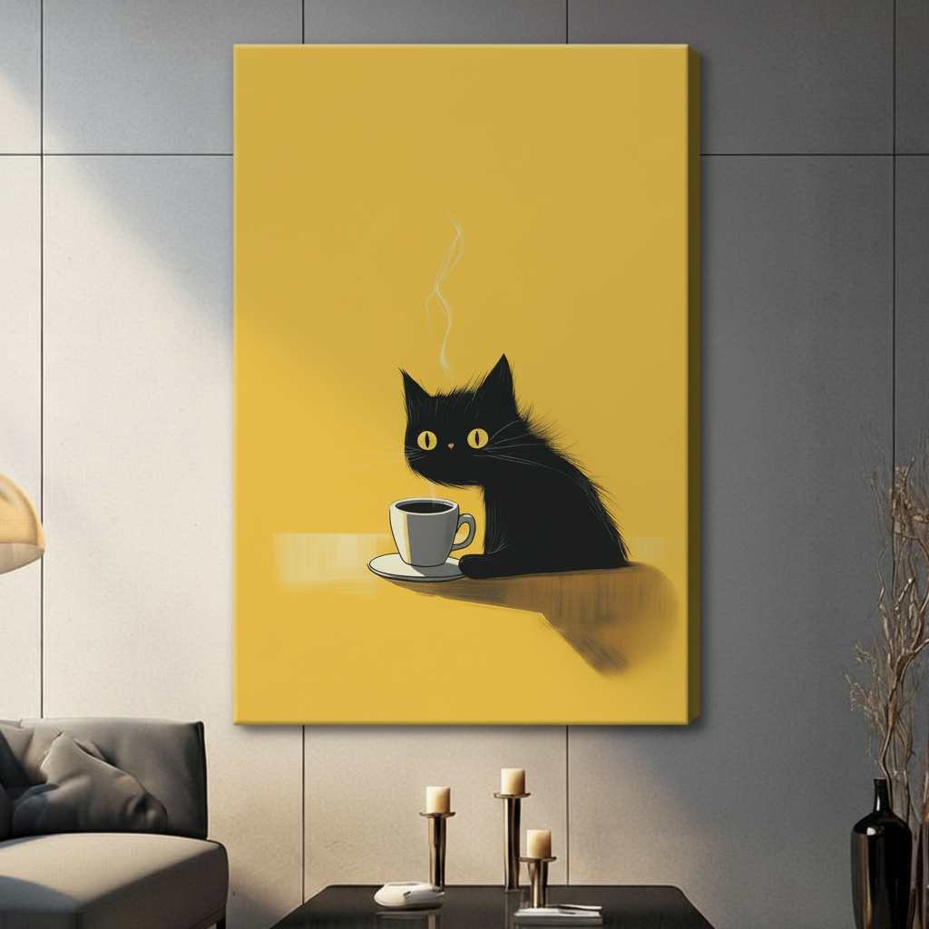 Gallery wrapped black cat coffee minimalist yellow background canvas art displayed in contemporary living room
