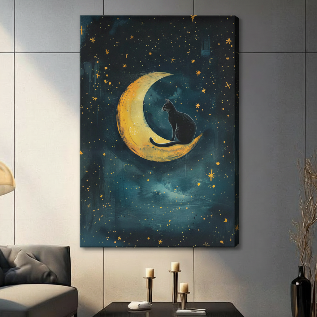 Unframed stretched canvas print of a black cat perched on a glowing golden crescent moon surrounded by gold star constellations and teal blue nebula clouds in dreamy fantasy oil painting style on a light grey wall