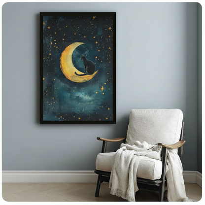 Black framed fantasy black cat on crescent moon canvas art print with a cat silhouette gazing upward on a golden moon amid a deep teal starry night sky with gold star accents on a blue-grey wall beside a wooden armchair with white throw