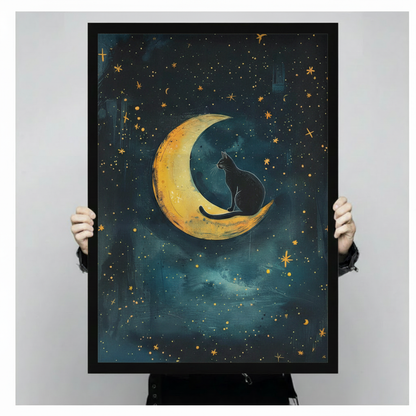 Person holding a large black framed fantasy black cat on crescent moon canvas art print showing print size scale and detailed oil painting texture of a cat silhouette on a golden moon with teal blue starry night sky and scattered gold stars