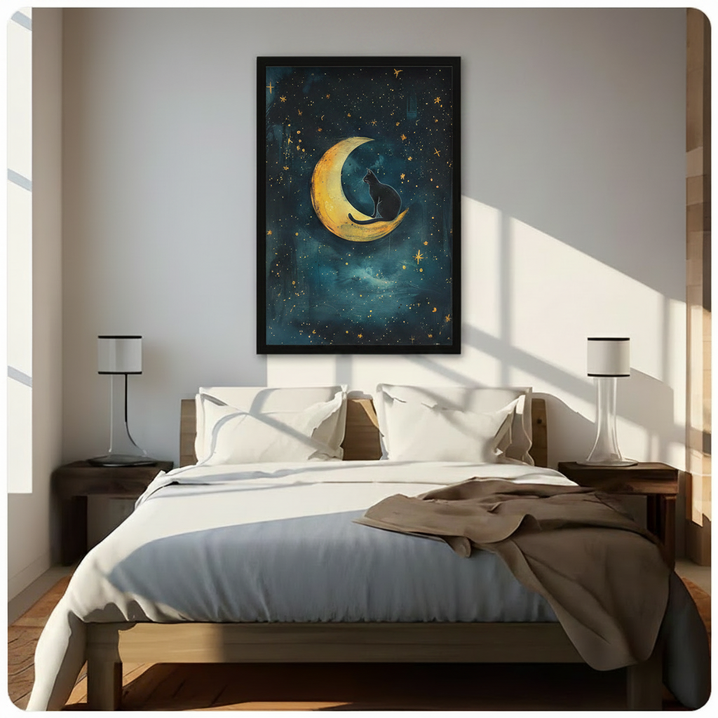 Framed fantasy oil painting of a black cat silhouette sitting on a golden crescent moon under a deep teal blue starry night sky with gold star accents canvas wall art hung above a dark walnut bed with white bedding in a sunlit modern bedroom