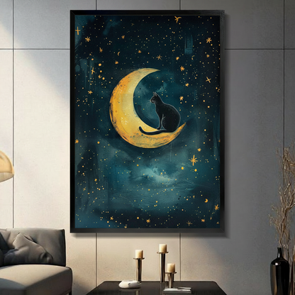 Framed fantasy oil painting canvas wall art of a black cat silhouette sitting on a golden crescent moon gazing at a deep teal blue starry night sky with scattered gold stars displayed on a light grey wall in a modern living room with candle holders