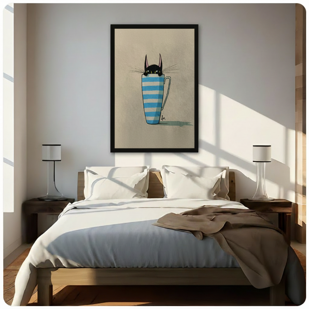 Whimsical black cat in striped mug framed canvas print above bed, cute cat wall art adding playful charm to bright neutral bedroom