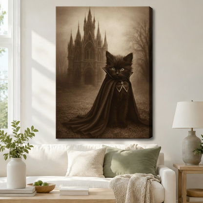 Black kitten wearing dracula cape gothic castle gallery wrap canvas above white sofa — vintage sepia animal wall art