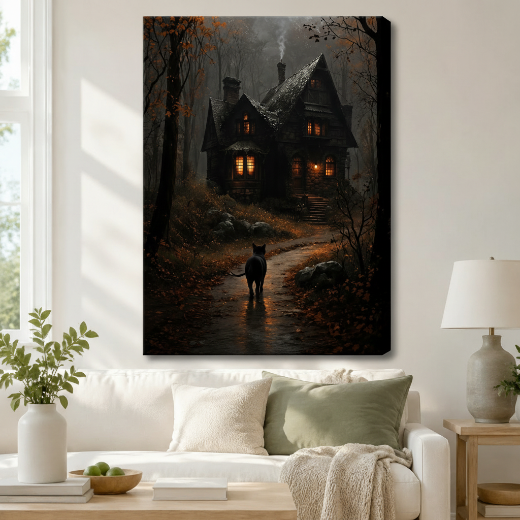 Gallery wrap canvas art featuring a black cat on a misty forest path leading to a glowing gothic mansion, hung above a white sofa in a bright living room