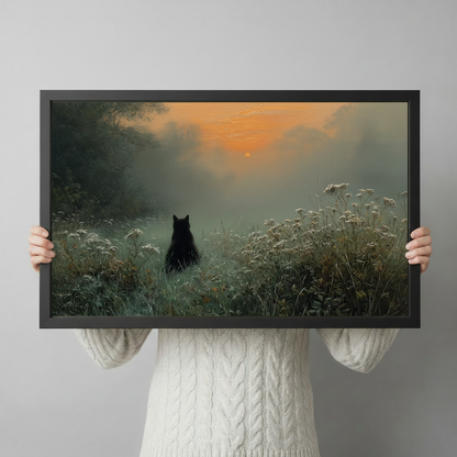 Person holding framed black cat dawn meadow oil painting print, showing artwork size and detail