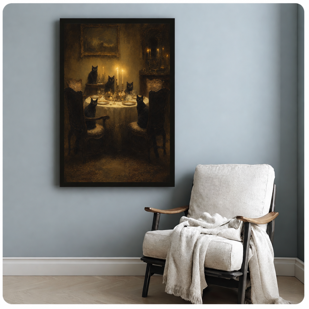  Black cat dinner canvas wall art beside a white armchair, depicting five cats amid golden candlelight and ornate chairs