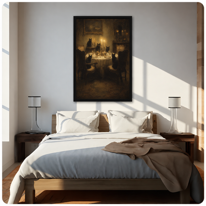 Black cat dinner canvas wall art above a bed, showing five cats at an elegant candlelit table in warm amber tones