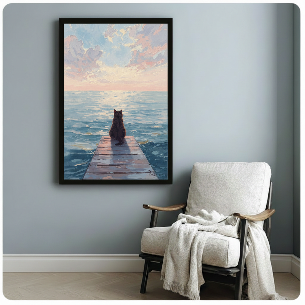 Framed black cat sitting on wooden dock at sunset wall art displayed beside white linen armchair with throw blanket in serene light blue reading nook