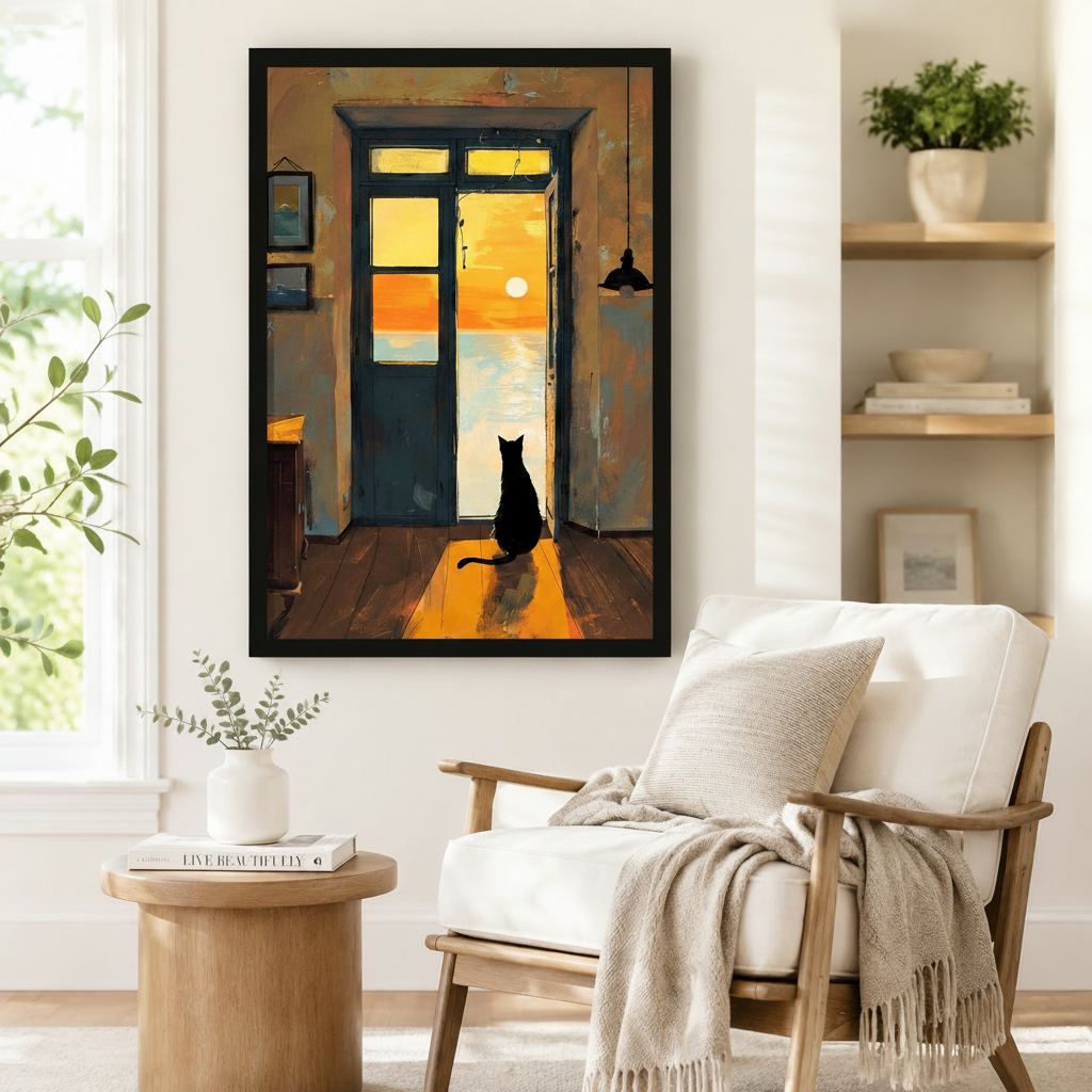 Retro-style framed wall art of a black cat silhouette seated at an open door bathed in amber sunset light, styled beside a linen armchair in a cozy reading nook