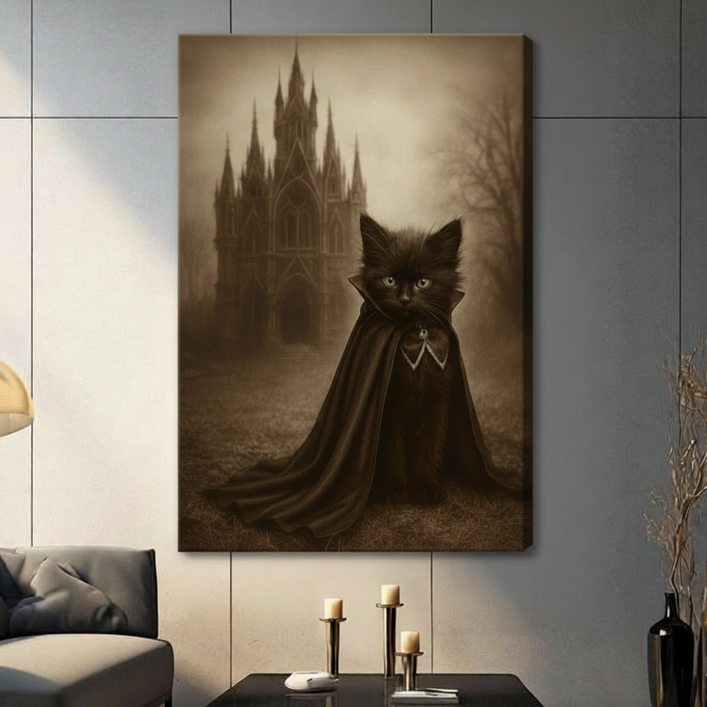 Unframed canvas print featuring a fluffy black kitten in a dramatic dark cape before a misty gothic castle, hung on a grey wall in a contemporary living room setting
