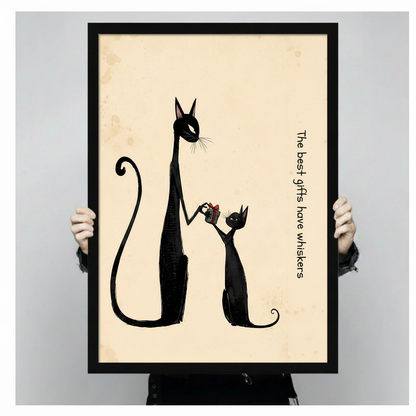 Hand-held framed poster of two stylized black cats with gift and whiskers quote – art print gift idea