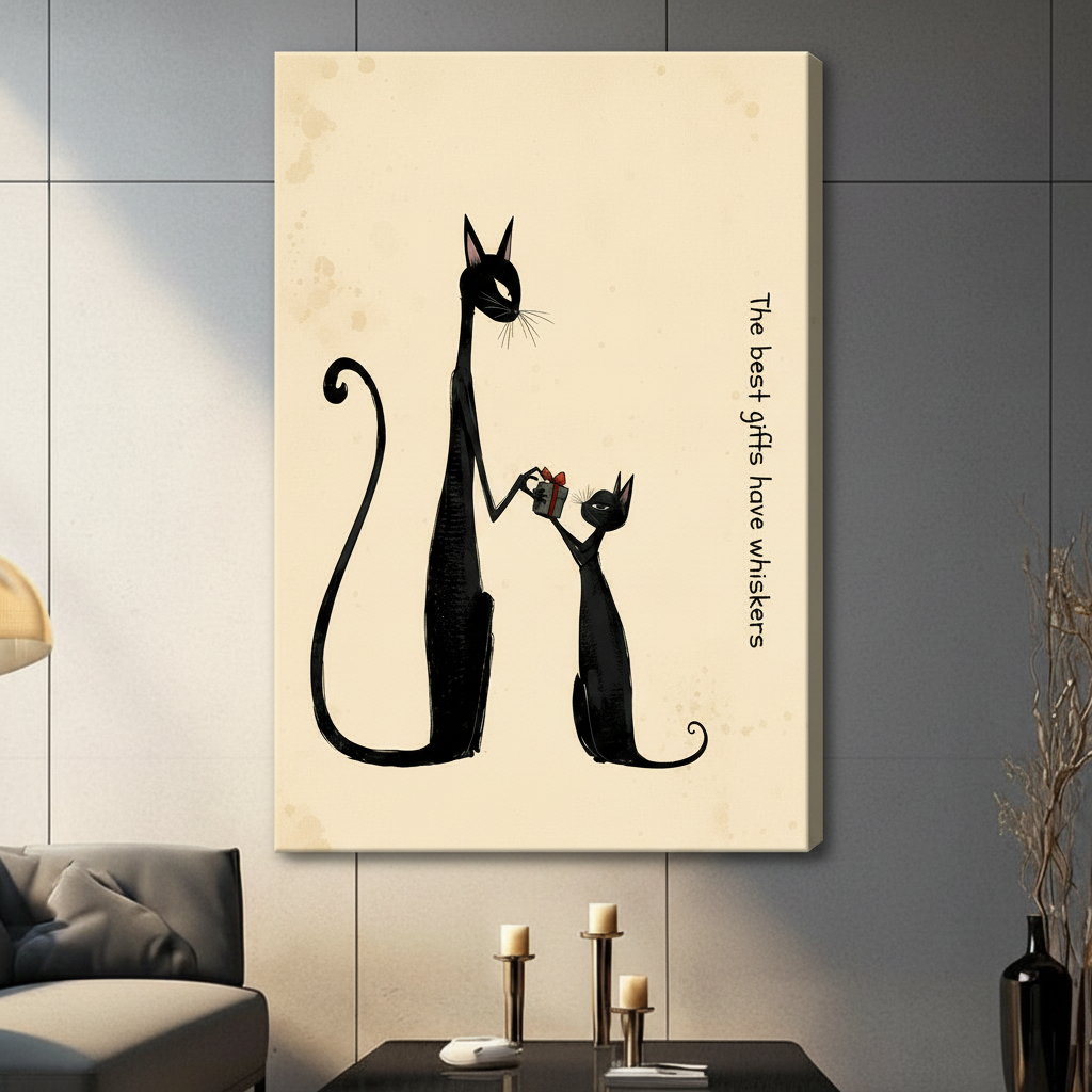 Minimalist black cat canvas wrap print with gift scene on cream background – frameless wall art