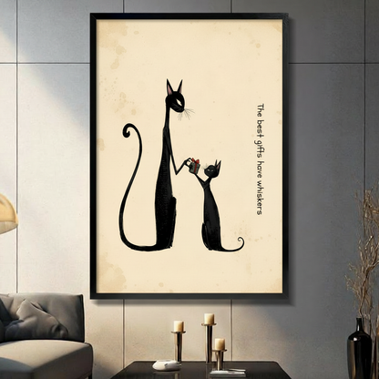 Black cat duo wall art print in black frame – "The best gifts have whiskers" – modern living room décor