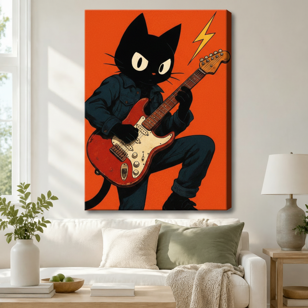 Gallery wrap canvas of retro black cat rocking red electric guitar on vibrant orange background hanging above white sofa with sage throw pillows in modern living room