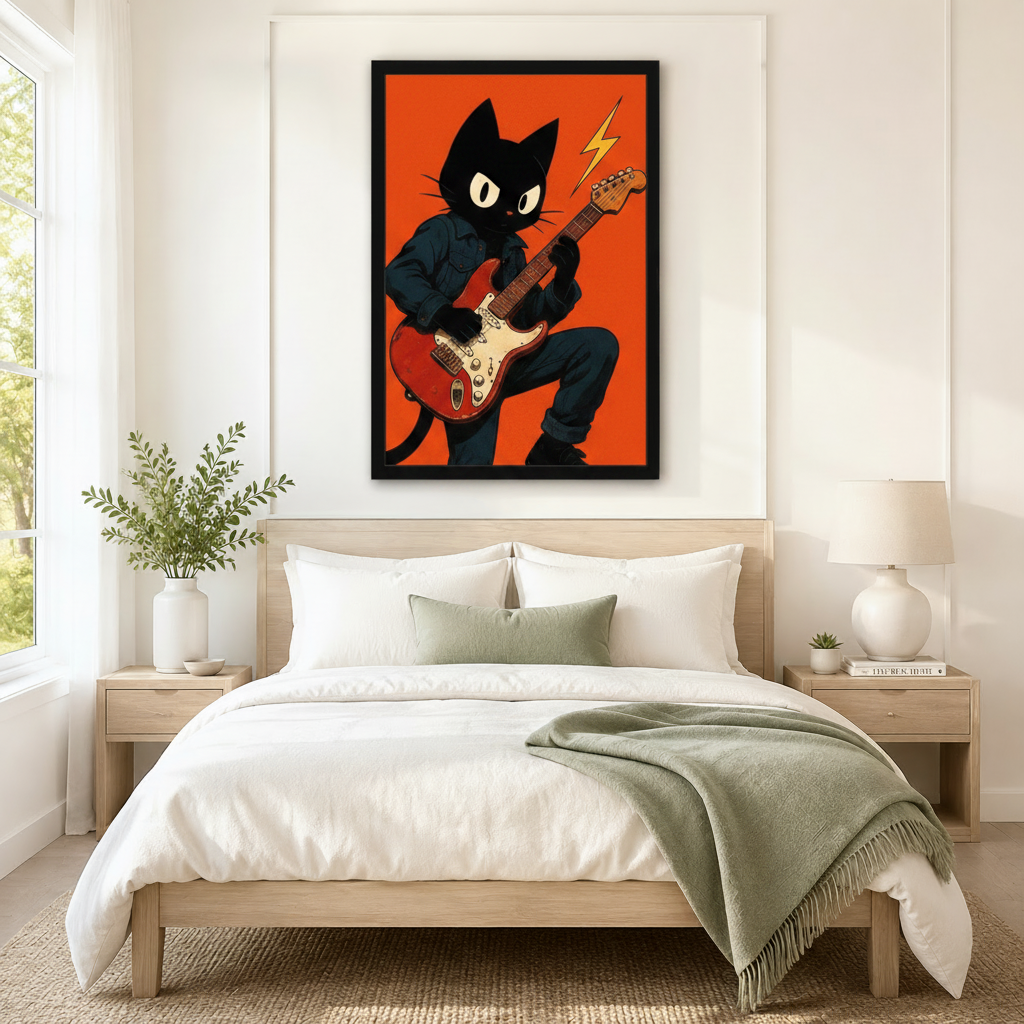Retro black cat rock guitarist wall art in black frame hanging above neutral linen king bed with wooden nightstands and sage green throw in minimalist American bedroom