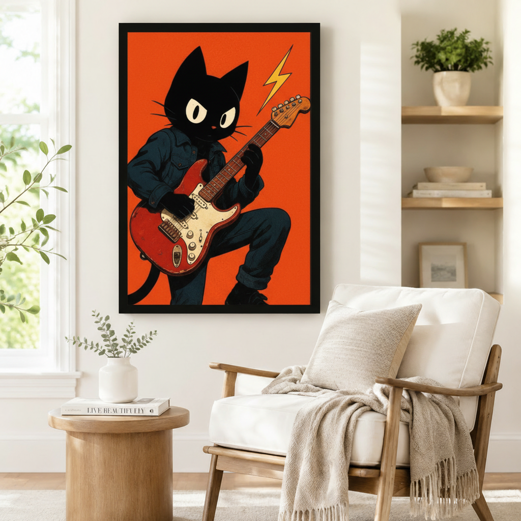 Black framed anime style black cat guitarist wall art print on bold orange background beside white linen accent chair and round side table in bright Scandinavian reading nook