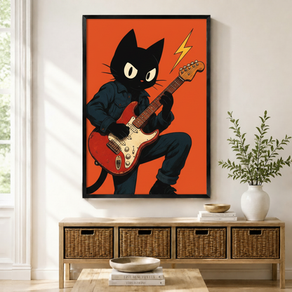 Framed black cat playing red electric guitar with lightning bolt on bold orange background wall art displayed above wicker storage console in bright American entryway