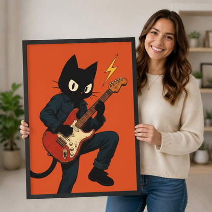 Smiling woman holding large black framed retro black cat playing electric guitar art print on orange background in bright home interior lifestyle photo