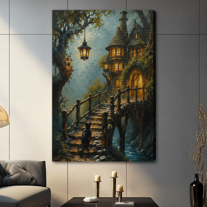 Canvas wrap wall art featuring a mysterious black cat on a lantern-lit stone bridge leading to a magical ivy-covered treehouse, hung on a charcoal grey wall in a moody living room