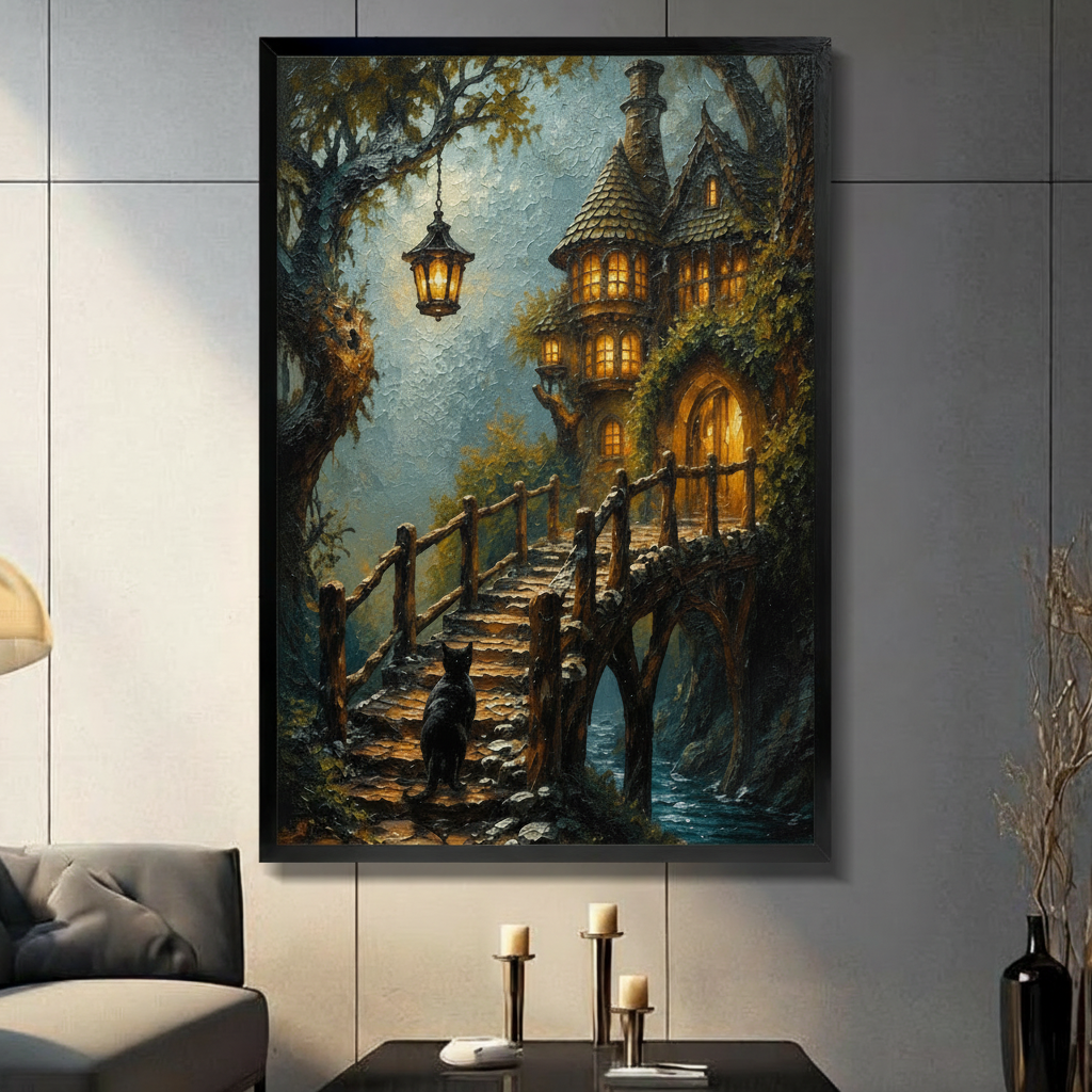 Framed wall art print of a black cat standing on a mossy stone bridge staircase gazing up at a glowing enchanted treehouse, displayed on a dark grey wall above a console table with candle holders