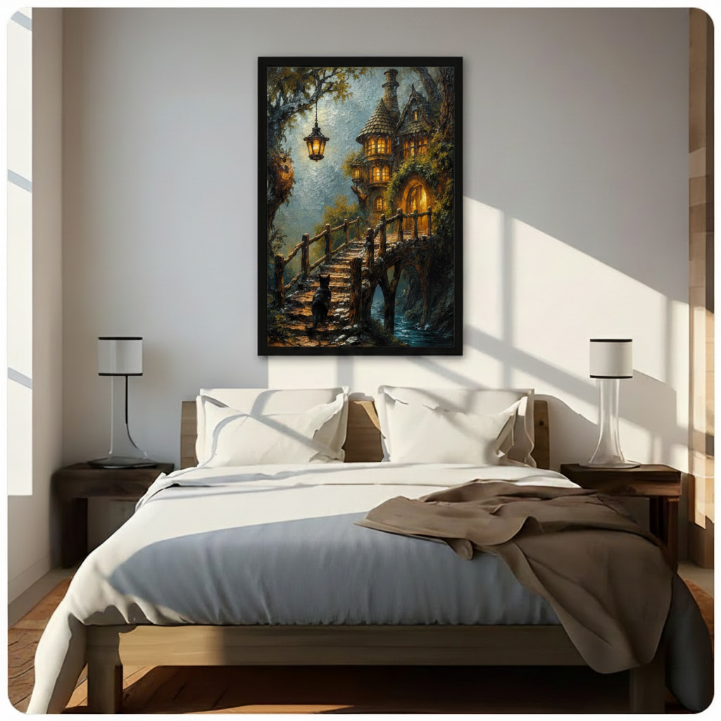 Fantasy black cat enchanted treehouse framed wall art print hung above a wooden bed with white linen in a sunlit minimalist bedroom with matching bedside lamps