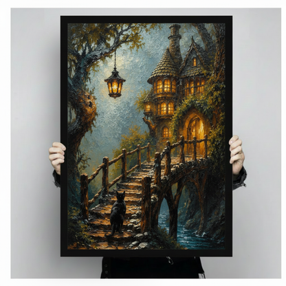 Hand-held close-up of a black framed oil painting style print depicting a black cat on a mossy bridge staircase with a glowing lantern and whimsical treehouse in a misty forest