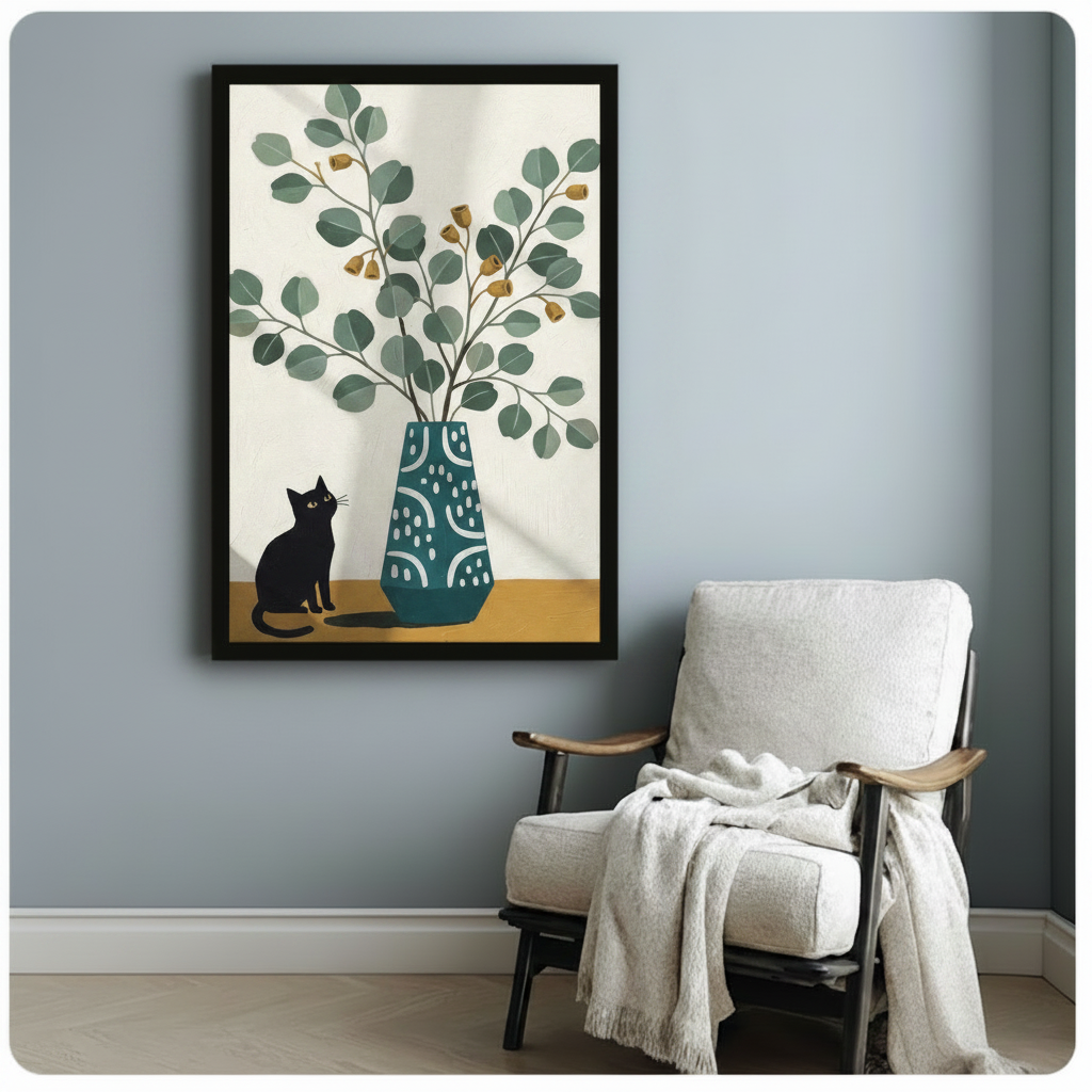 Black framed minimalist black cat and teal eucalyptus vase canvas print beside wooden armchair on blue-grey wall - elegant black cat botanical still life wall art with cream background and golden bud detail for reading nook or bedroom decor