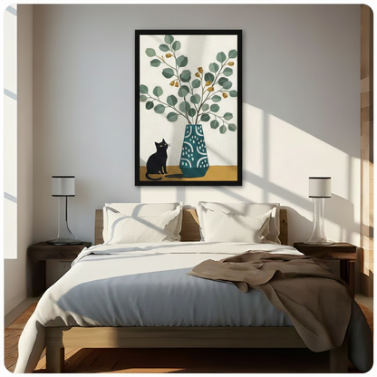 Framed minimalist black cat and teal eucalyptus vase canvas print above wooden bed in sunlit neutral bedroom - serene black cat botanical still life wall art with warm mustard base and round green leaves for contemporary bedroom home decor