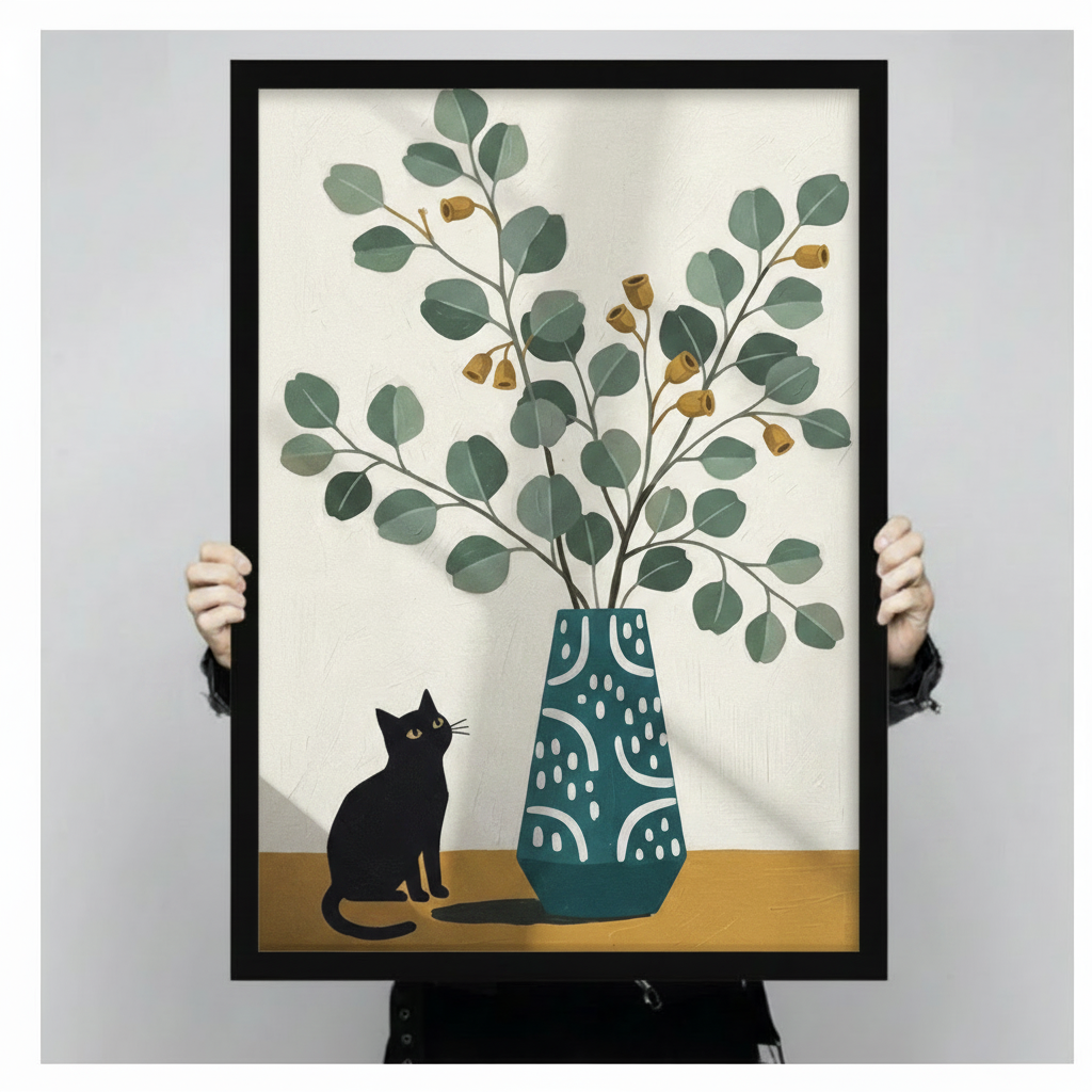 Person holding large framed black cat sitting beside teal eucalyptus vase canvas print with both hands - close up view of minimalist black cat and botanical still life wall art with round green leaves golden buds and black frame finish