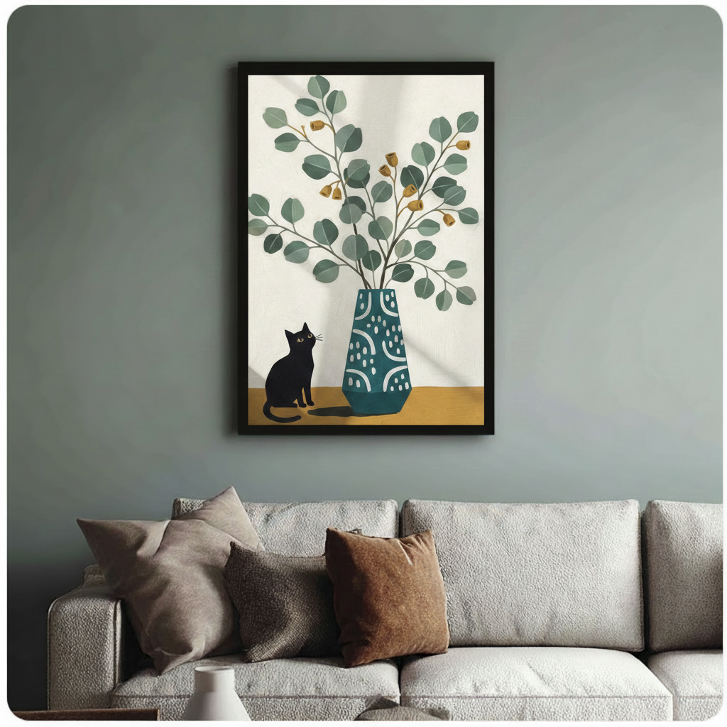 Framed black cat sitting beside teal eucalyptus vase canvas print above cream sofa on sage green wall - minimalist black cat and botanical still life wall art with warm mustard shelf and round green leaves for stylish living room decor