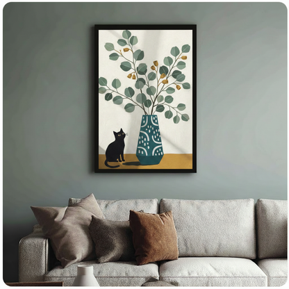 Framed black cat sitting beside teal eucalyptus vase canvas print above cream sofa on sage green wall - minimalist black cat and botanical still life wall art with warm mustard shelf and round green leaves for stylish living room decor