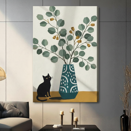 Unframed minimalist black cat and teal eucalyptus vase canvas print on dark grey tile wall in contemporary living room - serene black cat botanical still life wall art with round green leaves and golden buds for modern interior decor