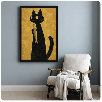  Black cat fish canvas wall art beside a white armchair, depicting a wide-eyed black cat hugging a fish on a mustard backdrop