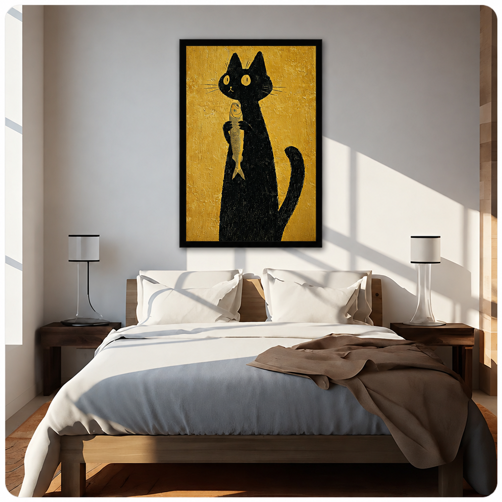 Black cat fish canvas wall art above a bed, showing a playful yellow-eyed cat holding a fish against warm gold tones
