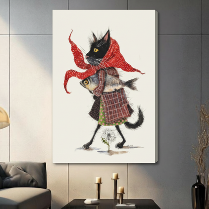 Gallery wrap stretched canvas of a scruffy black cat with yellow eyes wrapped in a flowing red polka dot scarf clutching a whole fish in a layered plaid coat and green ruffle skirt with a dandelion at its feet hung frameless on a gray wall