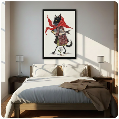 Black framed charming black cat with flying red polka dot headscarf hugging a large fish in a plaid coat and green ruffle skirt whimsical folk art watercolor canvas wall art hung above a dark wood bed with white and beige linen in a sunlit minimalist bedroom
